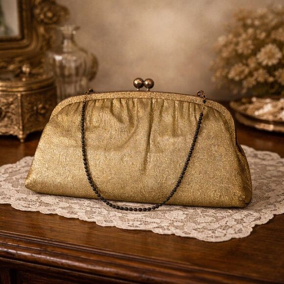 Vintage Handbags - Vintage Gold Evening Clutch with Chain Strap | Kisslock Rhinestone Closure